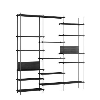 Moebe Shelving system wandkast met zwarte planken en slanke zwarte metalen staanders poten, flexibel en modulair ontwerp geschikt voor moderne minimalistisch interieurs.