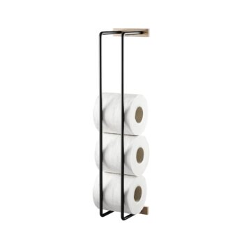 Ekta Living reserverolhouder van zwart metaal en eikenhout voor toiletrollen in toilet of badkamer.