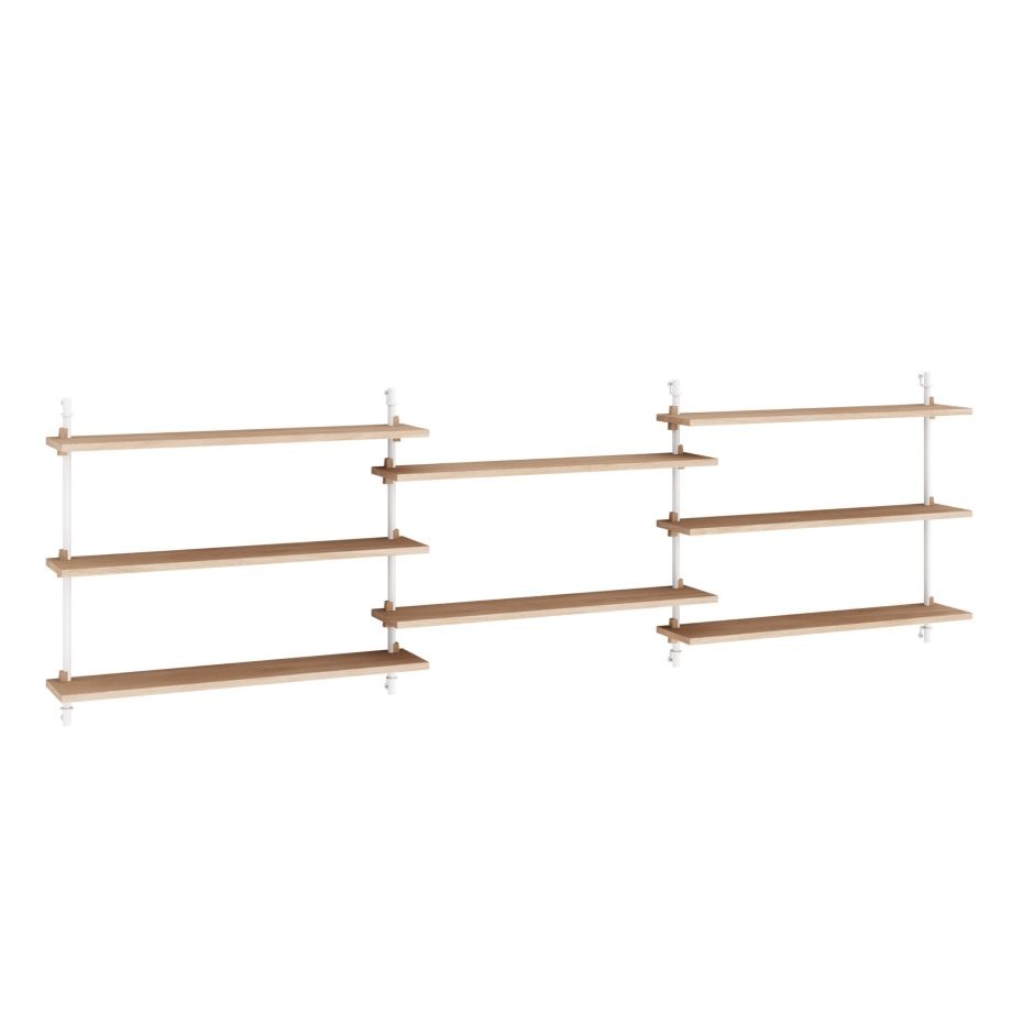 MOEBE Wall Shelving 65.3 – Modulair Wandrek met 8 Eikenhouten Planken en witte Beugels