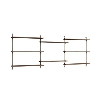 MOEBE Wall Shelving 85.3 – multifunctioneel en modulair wandrek met acht donkerbruine eikenhouten planken en beige metalen beugels. Scandinavisch design met een luchtige en minimalistische uitstraling, perfect voor elke woon- of werkruimte.