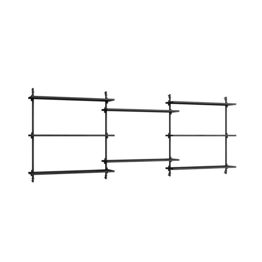 Zwarte MOEBE Wall Shelving 85.3 – multifunctioneel en modulair wandrek met acht planken. Scandinavisch design met een luchtige en minimalistische uitstraling, perfect voor elke woon- of werkruimte.