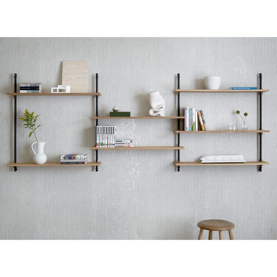 MOEBE Wall Shelving 85.3 - minimalistische en Modulair Wandrek met 8 gerookt Eikenhouten Planken en Beugels
