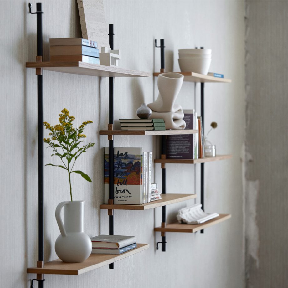 MOEBE Wall Shelving met 7 planken Modulair Wandrek met Eikenhouten Planken en Beugels