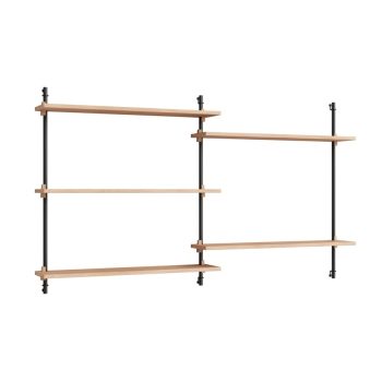 MOEBE Wall Shelving wandrek met eikenhouten planken en zwarte metalen bevestigingen. Minimalistisch en modulair Scandinavisch design, perfect voor een stijlvol en functioneel interieur.
