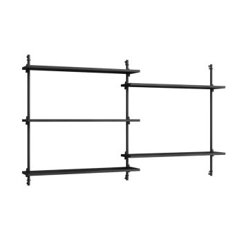 MOEBE Wall Shelving wandrek met zwarte eikenhouten planken en zwarte metalen bevestigingen. Minimalistisch en modulair Scandinavisch design, perfect voor een stijlvol en functioneel interieur.