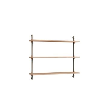 MOEBE Wall Shelving 65.1 – stijlvol wandrek met drie eikenhouten planken en witte metalen beugels. Scandinavisch design, perfect voor een moderne en minimalistische inrichting.