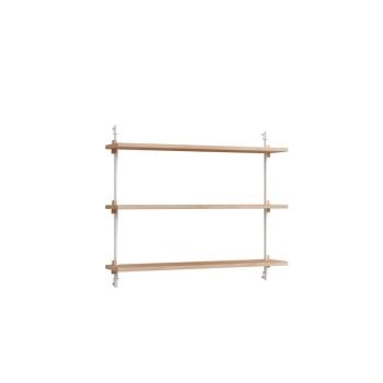 MOEBE Wall Shelving 65.1 – stijlvol wandrek met drie eikenhouten planken en witte metalen beugels. Scandinavisch design, perfect voor een moderne en minimalistische inrichting.