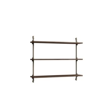 MOEBE Wall Shelving 65.1 – stijlvol wandrek met drie gerookt eikenhouten planken en beige metalen beugels. Scandinavisch design met een luxe en minimalistische uitstraling, ideaal voor moderne interieurs.