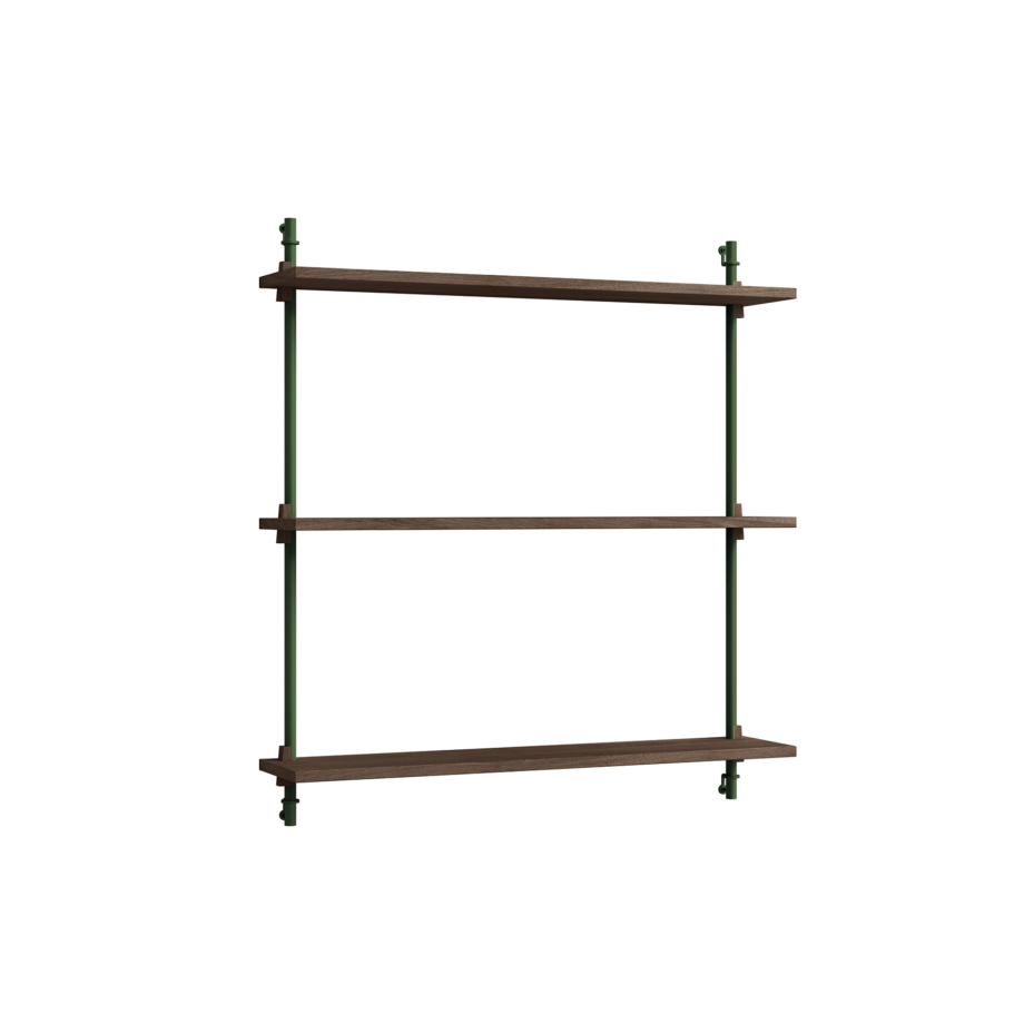 Moebe Wandrek Shelving System 85.1 met drie donkerbruine planken in gerookt eiken en groene stalen details