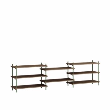 Moebe Shelving System S.64.3.A met gerookt eikenhouten planken en groene poten