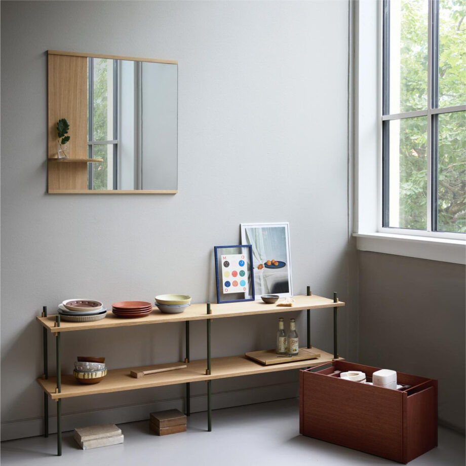 MOEBE spiegel met plankje vierkant shelving system storage box rood