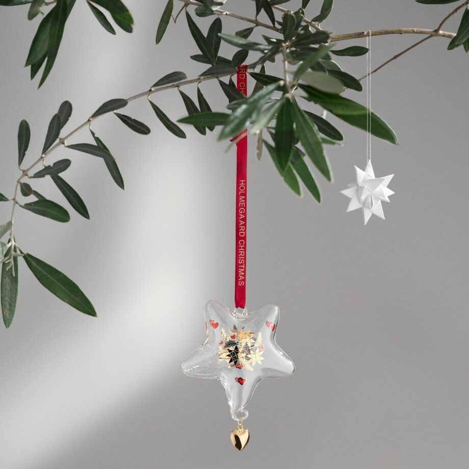 Holmegaard ster kerstboomhanger met bel glas goud rood