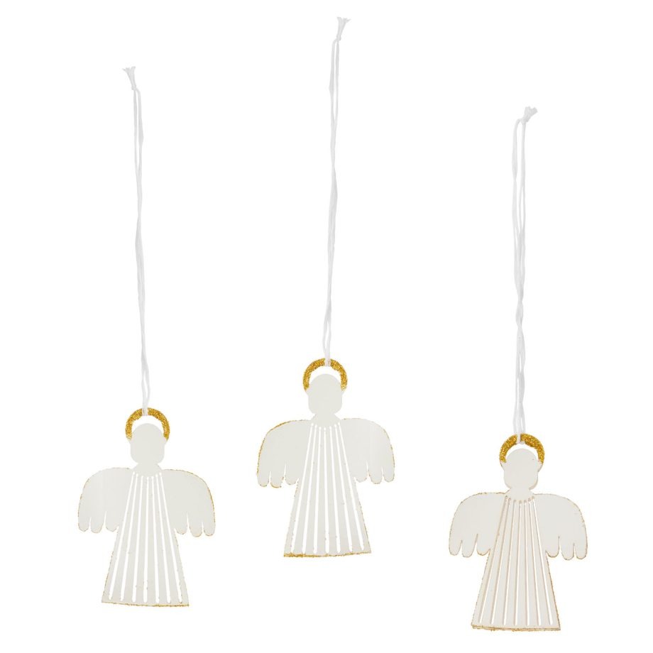 Set van drie Bungalow Paper Angel kerstboomhangers in wit met gouden details, ideaal voor een stijlvolle en elegante kerstboomdecoratie.