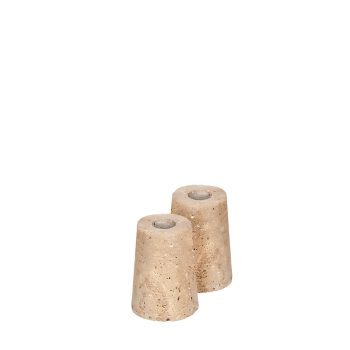 Set van twee mini kandelaars gemaakt van natuurlijk travertijnsteen, ontworpen voor een stijlvolle en minimalistische uitstraling.