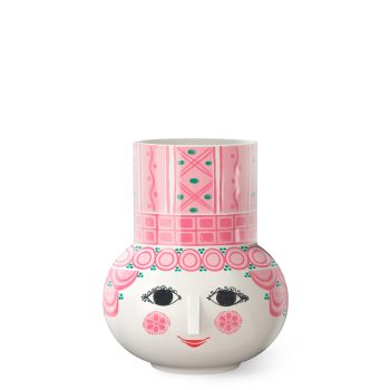 Bjørn Wiinblad Olga Vaas in roze, een unieke keramische vaas met een speels gezicht en decoratieve patronen. Scandinavisch design met artistieke flair, perfect voor bloemen of als opvallend interieurstuk.