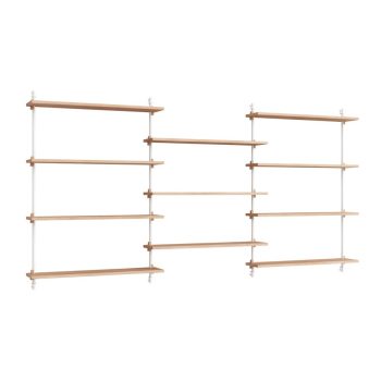 MOEBE Wall Shelving modulair wandrek in eikenhout met wit metalen bevestiging. Flexibel en minimalistisch Scandinavisch design, perfect voor stijlvolle en functionele opbergruimte in woon- en werkruimtes