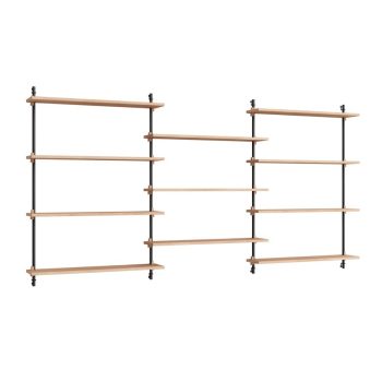 MOEBE Wall Shelving modulair wandrek in eikenhout met zwart metalen bevestiging. Flexibel en minimalistisch Scandinavisch design, perfect voor stijlvolle en functionele opbergruimte in woon- en werkruimtes