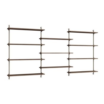 MOEBE Wall Shelving modulair wandrek in gerookt eikenhout met beige warm grey metalen bevestiging. Flexibel en minimalistisch Scandinavisch design, perfect voor stijlvolle en functionele opbergruimte in woon- en werkruimtes