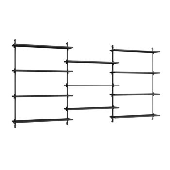 MOEBE Wall Shelving modulair wandrek met zwarte planken en zwart metalen bevestiging. Flexibel en minimalistisch Scandinavisch design, perfect voor stijlvolle en functionele opbergruimte in woon- en werkruimtes