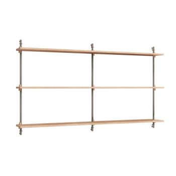MOEBE Wall Shelving met 3 lange eikenhouten planken en warm grijze metalen steunen. Dit modulaire wandrek combineert Scandinavisch design met functionaliteit, perfect voor een stijlvol en modern interieur