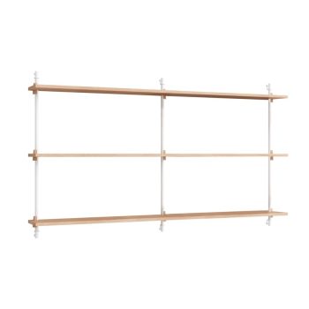 MOEBE Wall Shelving met 3 lange eikenhouten planken en witte metalen steunen. Dit modulaire wandrek combineert Scandinavisch design met functionaliteit, perfect voor een stijlvol en modern interieur