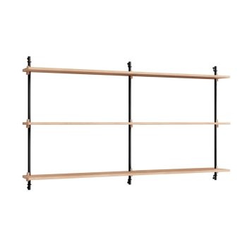 MOEBE Wall Shelving met 3 lange eikenhouten planken en zwarte metalen steunen. Dit modulaire wandrek combineert Scandinavisch design met functionaliteit, perfect voor een stijlvol en modern interieur