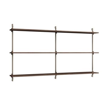 MOEBE Wall Shelving met 3 lange gerookt eikenhouten planken en warm grijze metalen steunen. Dit modulaire wandrek combineert Scandinavisch design met functionaliteit, perfect voor een stijlvol en modern interieur