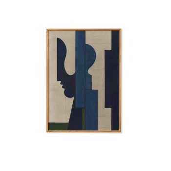 Moderne Paper Collective poster ontworpen door Jon Harvey, met een abstract kunstwerk in diepe blauwe tinten en geometrische vormen, ingelijst in een hoogwaardige eikenhouten lijst. Ideaal voor een stijlvol en minimalistisch interieur 30x40 cm.