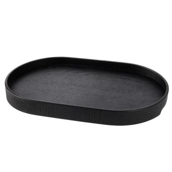 Stijlvol en minimalistisch: het Ekta Living Wood Tray dienblad in groot ovaal formaat en zwarte afwerking. Perfect voor het serveren van drankjes, decoratief gebruik of als organizer in de keuken, badkamer of woonkamer