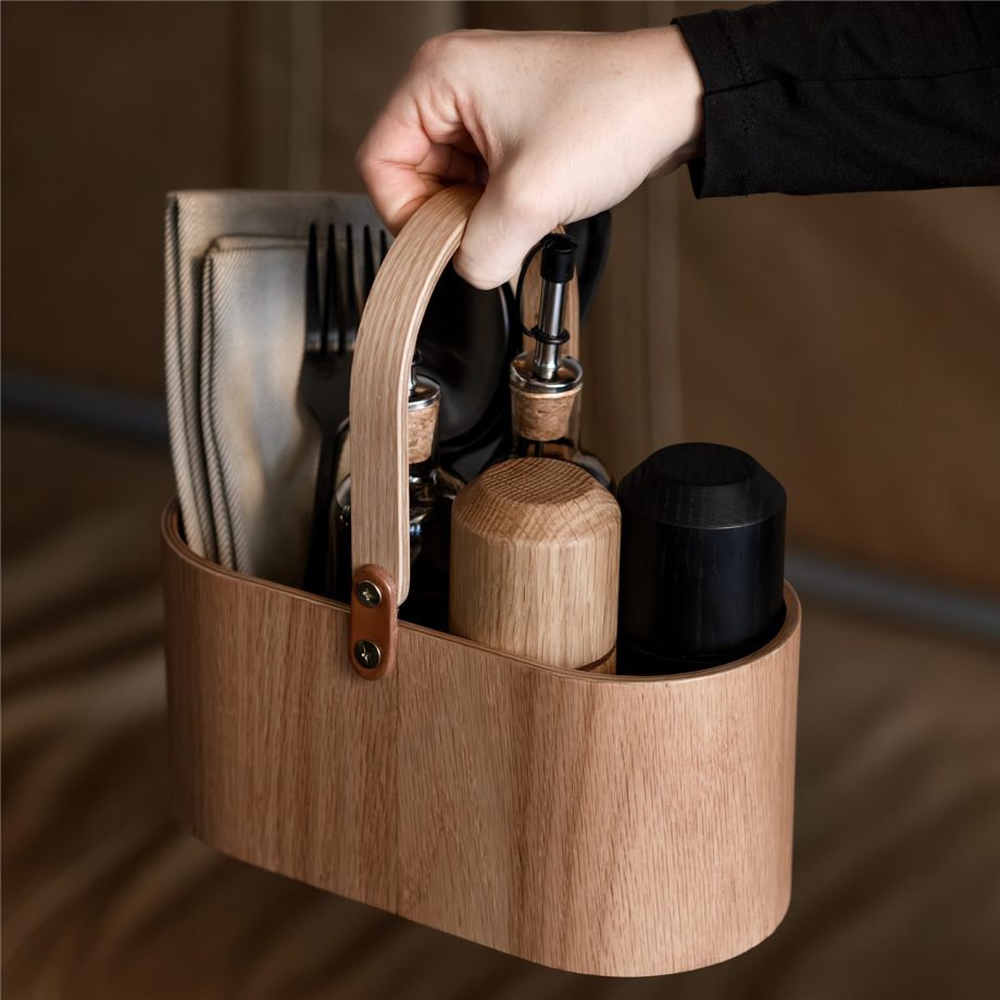 Ekta Living draagbare organizer wood tray caddy eikenhout met zout en pepermolen