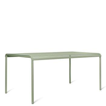 Ferm Living Dapple Table 160x90 cm in tea green. Stijlvolle lichtgroene metalen tuintafel met geperforeerd tafelblad, geschikt voor buitengebruik. Scandinavisch design met een minimalistische uitstraling