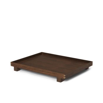Groot rechthoekig dienblad van ferm LIVING in gerookt eikenhout met opstaande randen en elegante verbindingen – ideaal als stijlvol serveer- of decoratief tray in een modern interieur.