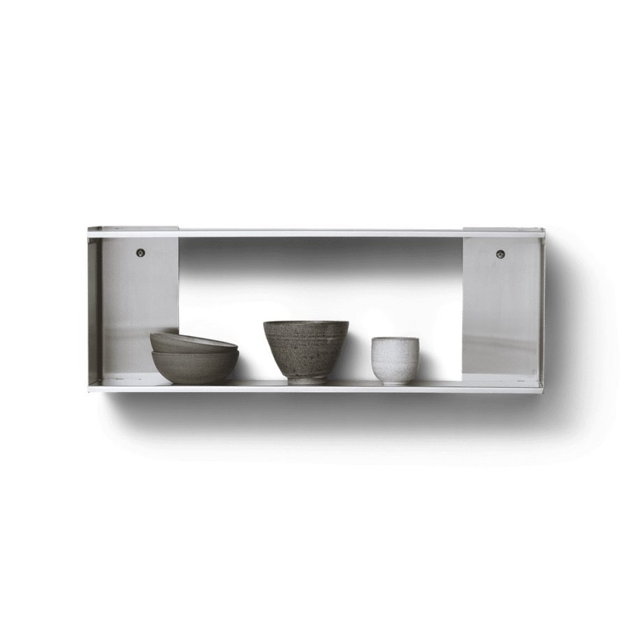 Form & Refine Taper wandrek met 2 planken in roestvrij staal. Smalle Industriele en modern designplank met schaaltjes