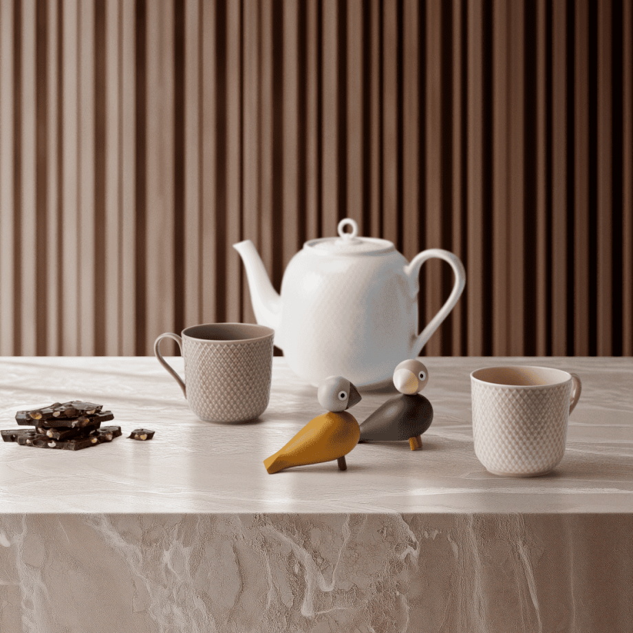 Kay Bojesen Lovebirds op tafel met Rhombe servies van Lyngby