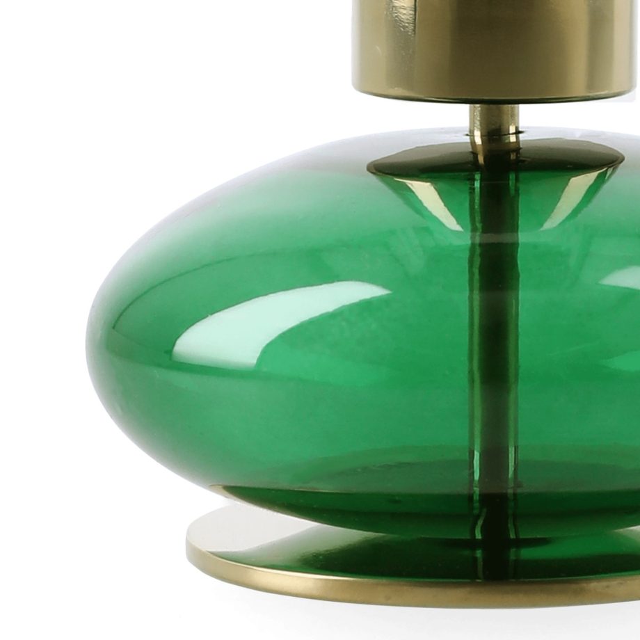 Close up Holmegaard Bubble kandelaar in groen glas en messing