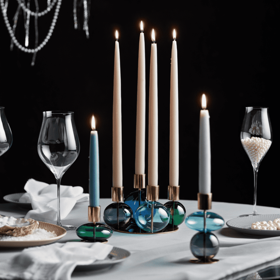 Stijlvolle en mooie Bubble Candle Holder kandelaars van Holmegaard in messing en groen en blauw glas