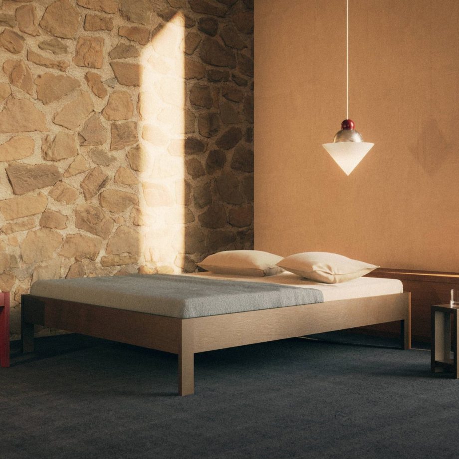 Minimalistische slaapkamer met Ejer bed frame in gerookt eikenhout van Rye Sleep
