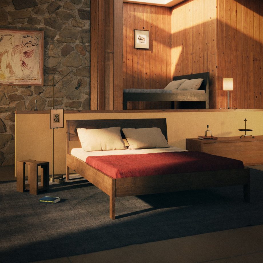 Warme slaapkamer met Ejer bed frame in gerookt eikenhout met hoofdboard van Rye Sleep