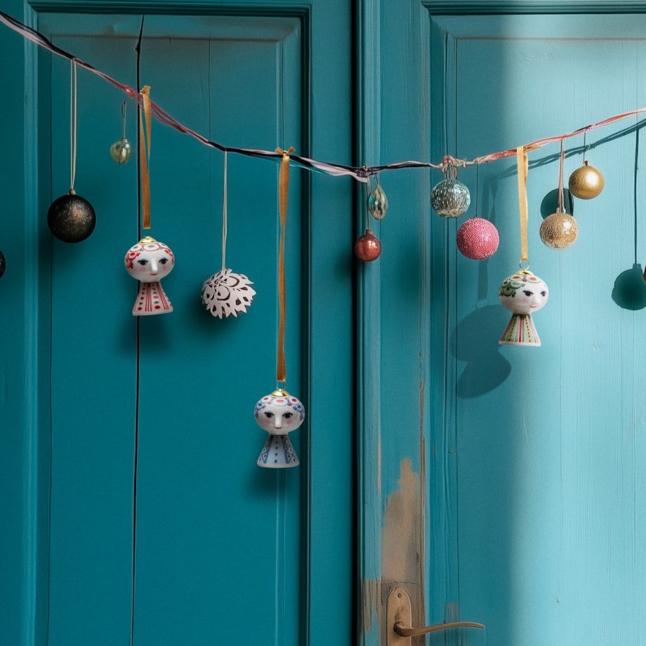Bjørn Wiinblad Eva kerstornamenten hangend als decoratie op een blauwe deur