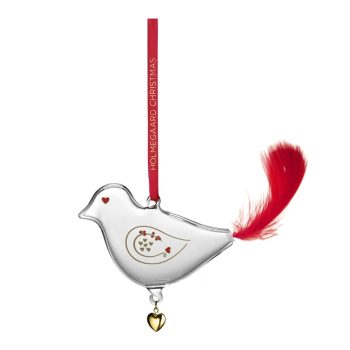 Holmegaard Christmas bird kersthanger 2025 een vogel met rood veertje als staart in glas met rode lint